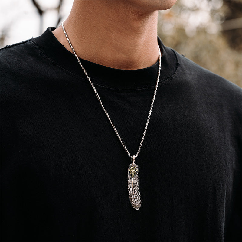 Aerodynamic Maple Leaf & Feather Pendant in 925 Silver/Copper (64.5×13.63mm, 13.6g) gobalgoing