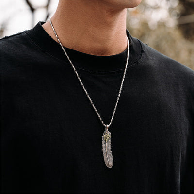 Aerodynamic Maple Leaf & Feather Pendant in 925 Silver/Copper (64.5×13.63mm, 13.6g) gobalgoing