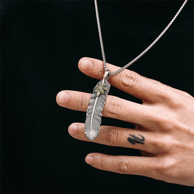 Aerodynamic Maple Leaf & Feather Pendant in 925 Silver/Copper (64.5×13.63mm, 13.6g) gobalgoing