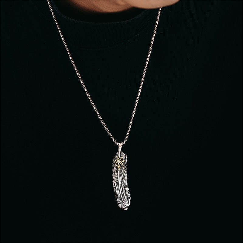 Aerodynamic Maple Leaf & Feather Pendant in 925 Silver/Copper (64.5×13.63mm, 13.6g) gobalgoing