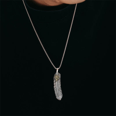 Aerodynamic Maple Leaf & Feather Pendant in 925 Silver/Copper (64.5×13.63mm, 13.6g) gobalgoing