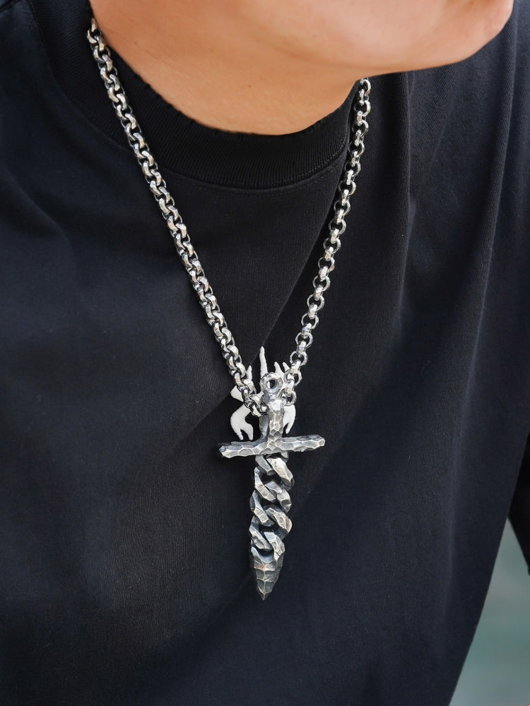 Full-Tang Sword Pendant with Chiseled Chain in 925 Silver gobalgoing