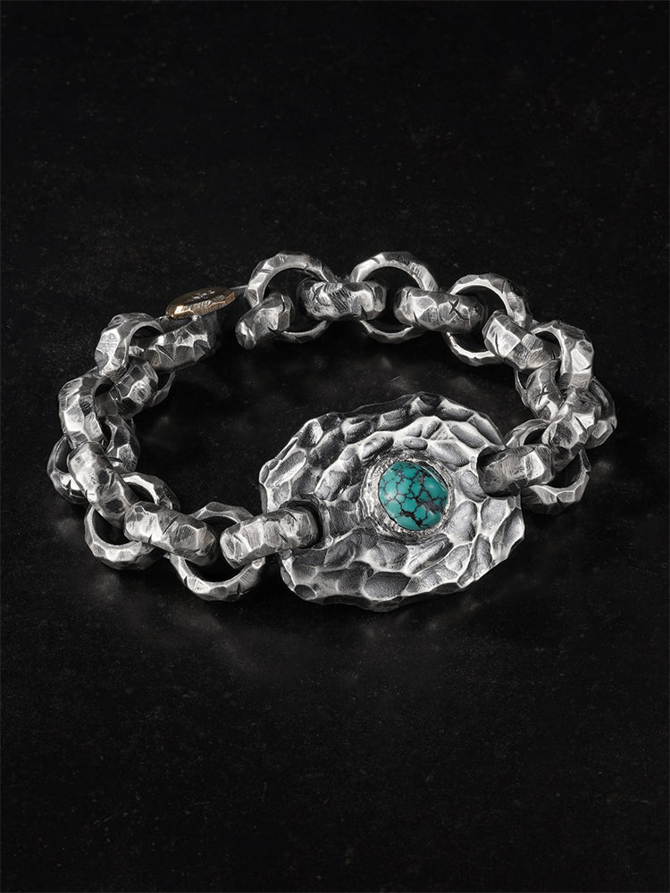 Turquoise-Inlaid Chiseled Cuff Bracelet in 925 Silver (20.5cm, ~131.2g) gobalgoing