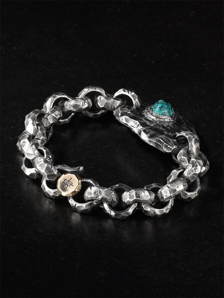 Turquoise-Inlaid Chiseled Cuff Bracelet in 925 Silver (20.5cm, ~131.2g) gobalgoing