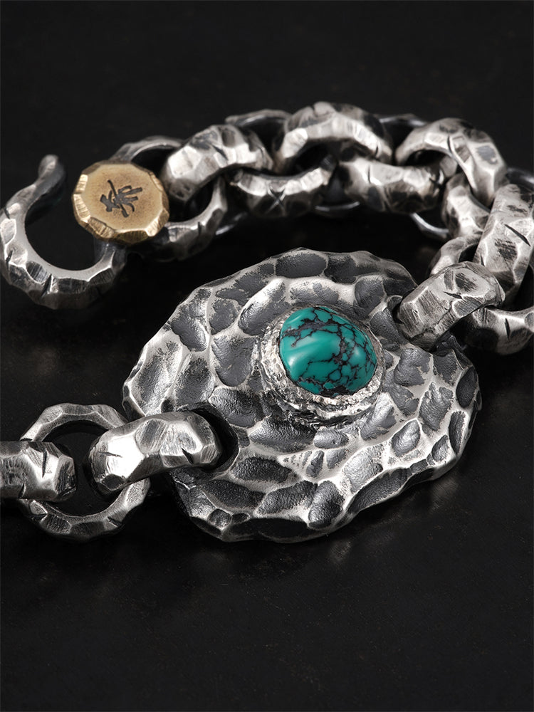 Turquoise-Inlaid Chiseled Cuff Bracelet in 925 Silver (20.5cm, ~131.2g) gobalgoing