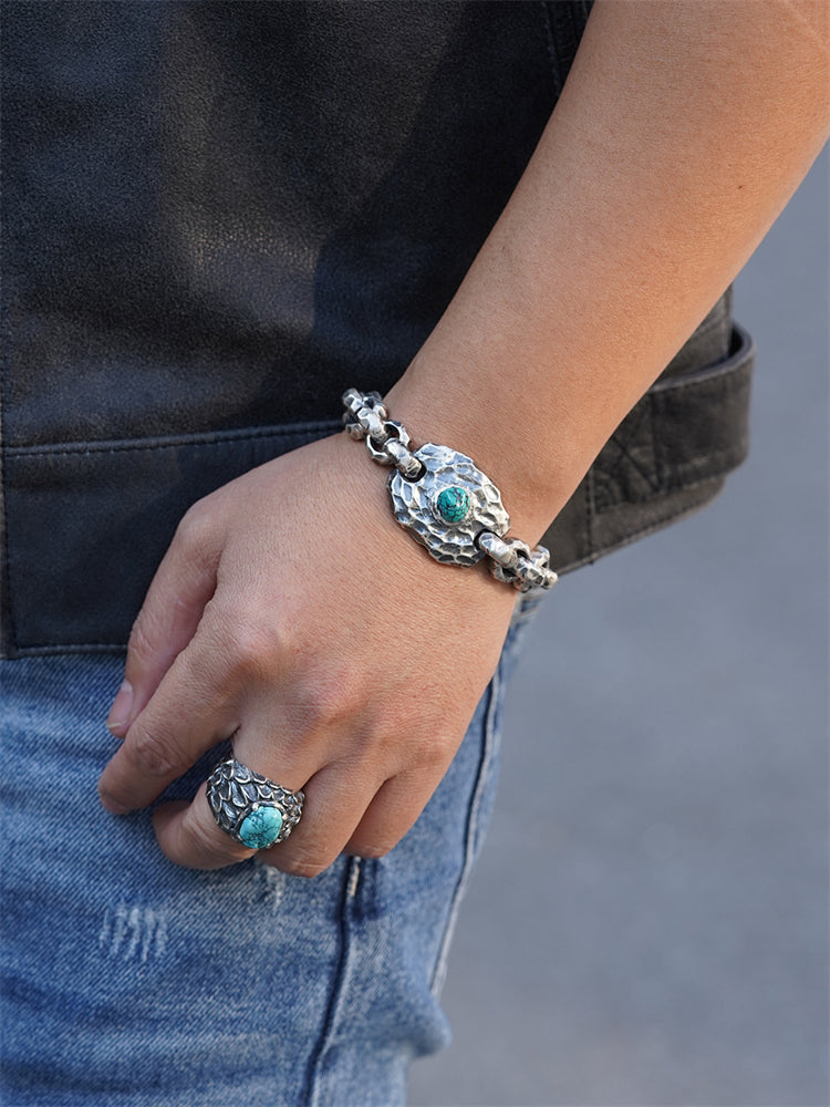 Turquoise-Inlaid Chiseled Cuff Bracelet in 925 Silver (20.5cm, ~131.2g) gobalgoing