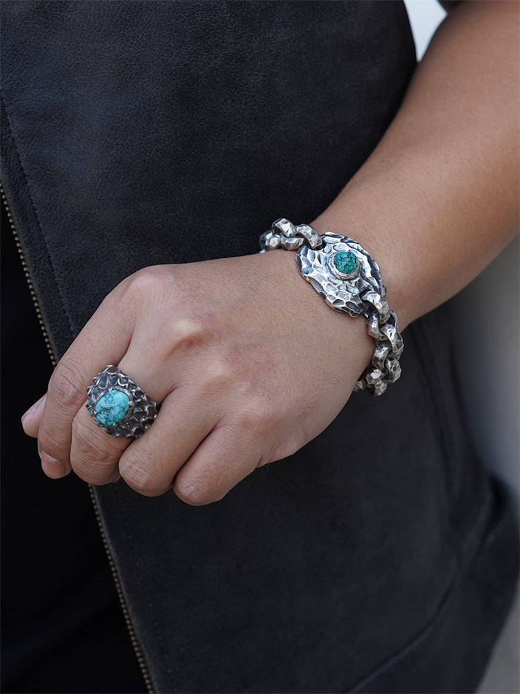 Turquoise-Inlaid Chiseled Cuff Bracelet in 925 Silver (20.5cm, ~131.2g) gobalgoing