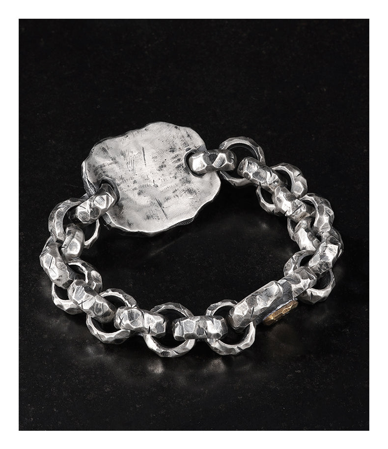 Turquoise-Inlaid Chiseled Cuff Bracelet in 925 Silver (20.5cm, ~131.2g) gobalgoing