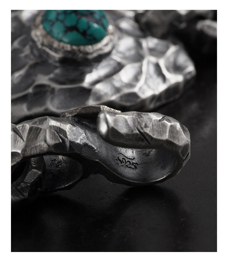 Turquoise-Inlaid Chiseled Cuff Bracelet in 925 Silver (20.5cm, ~131.2g) gobalgoing